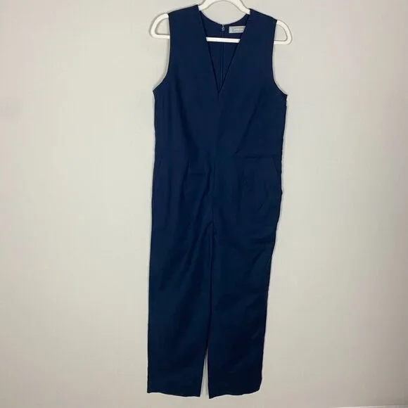 Everlane The Structured Cotton Jumpsuit Blue Sleeveless V Neck Pockets Womens 6 - Picture 2 of 7
